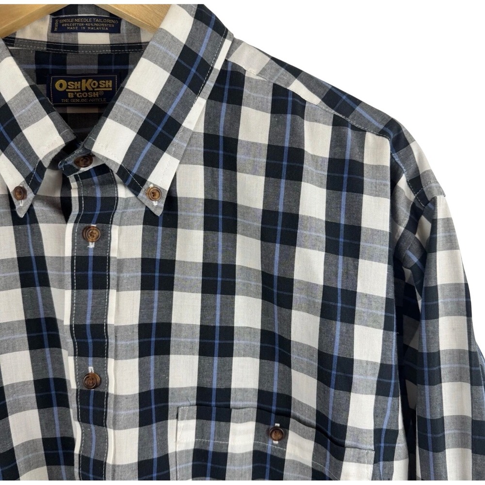 OshKosh B'Gosh Button Down Mens XL Black White Blue Plaid Single Needle Tailored